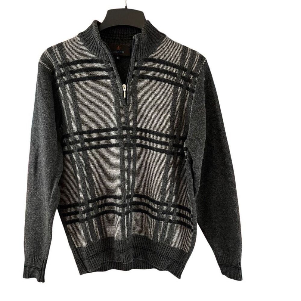CUSERI Mens Gray Wool Blend 1/4l Zip Sweater Small Made in Italy